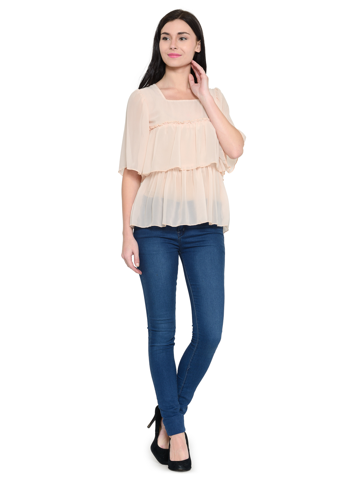 Square neck short sleeves ruffle top